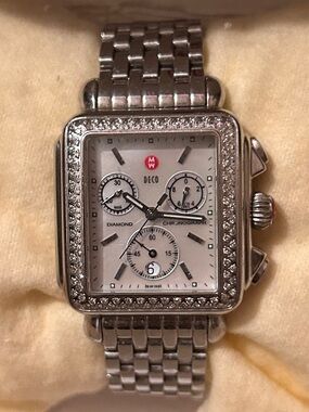 Michele Silver Diamond-Accent Deco Chronograph Watch